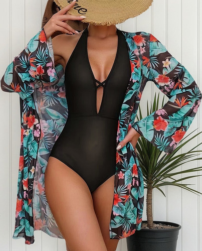 Traje De Baño De Una Pieza, Manga Larga, Estilo Falda,