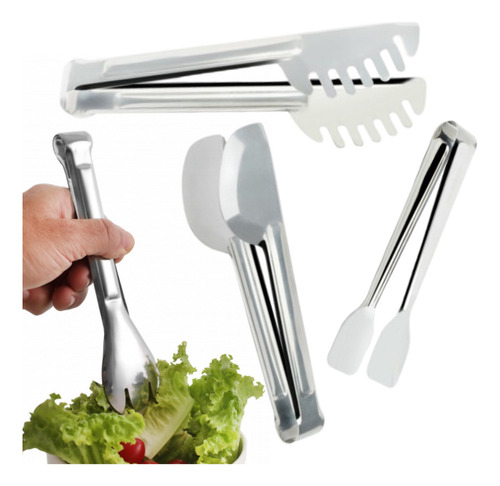 Pegador Universal Salada Massas Pinça Carne Gelo Kit Buffet Cor Prata