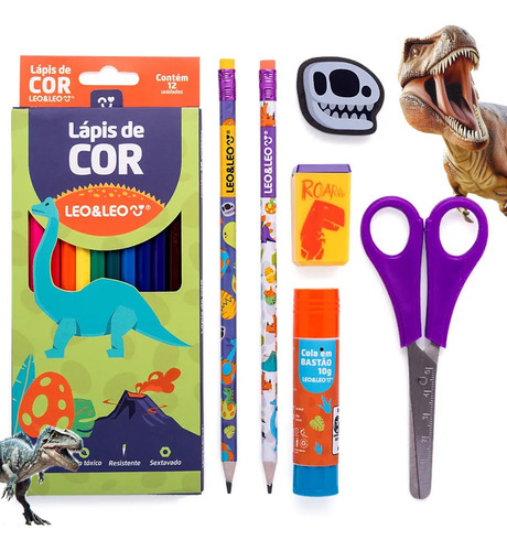 Lapis De Cor 12 Cores Dino - Kit Escolar 6 Peças Premium Cor Da Marcação Colorido