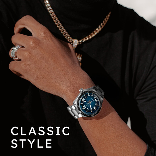 Reloj Hombre Seger 9232 Original Eeuu Elegante Automatico Color De La Malla Plateado Color Del Fondo Negro