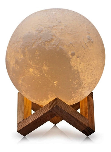 Velador Luna 3d Moderno Lampara Led 14 Cm Con Base Madera 