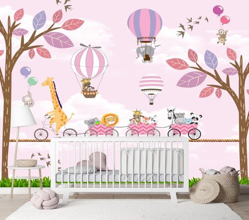 Papel De Parede Infantil Safari Girafa Com Animais Baby M²