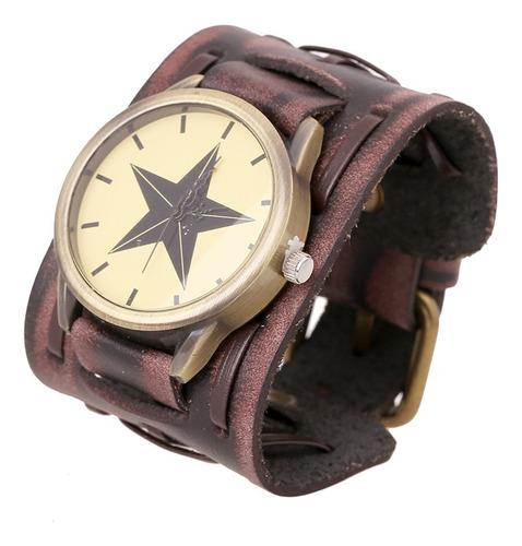 Reloj Retro Punk Rock Marrón Brazalete De Cuero Ancho Grande