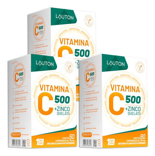 Vitamina C + Zinco Quelato 60 Cápsulas Lauton - 3 Unidades