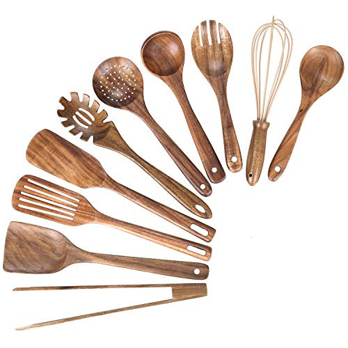 10 Pack Wooden Utensils For Cooking, Wood Utensil Set F...