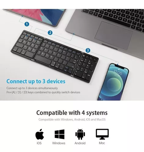 Teclado Bluetooth plegable, teclado inalámbrico portátil plegable triple  con panel táctil, teclado inalámbrico BT recargable por USB para Android