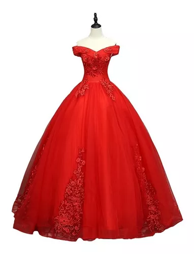 Vestido Xv Años Strapless Princesa Rojo Apliques Bordado