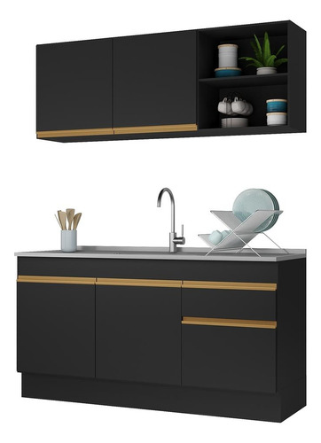 Armário De Cozinha Compacta 150cm Veneza Multimóveis V2114 Cor Preto/dourado