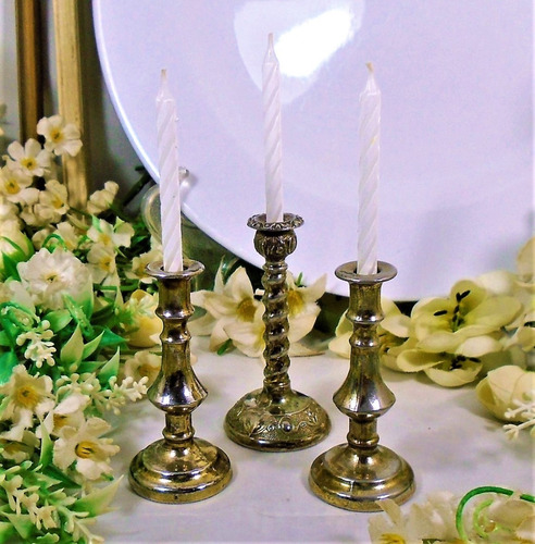  3 Candelabros Miniatura Ingleses Metal Blanco Bronceados 