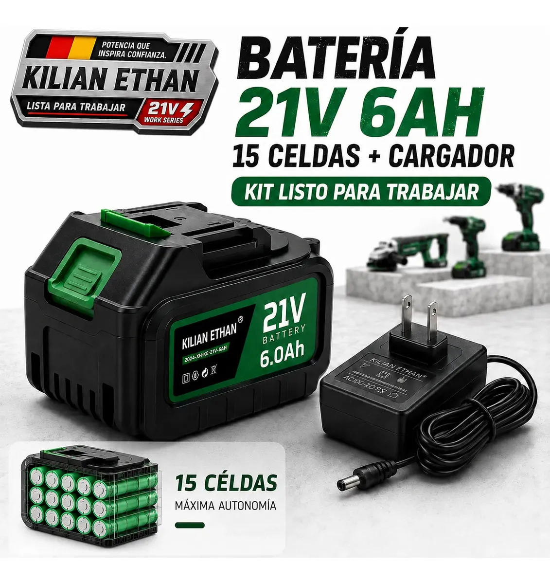 Batería Recargable 21V 6Ah 15 Celdas + Cargador Universal 110-240V | Batería de Litio para Taladro, Llave de Impacto y Herramientas Inalámbricas | Kilian Ethan