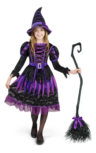 Disfraz De Bruja Púrpura Para Niña De Halloween Con Murciéla