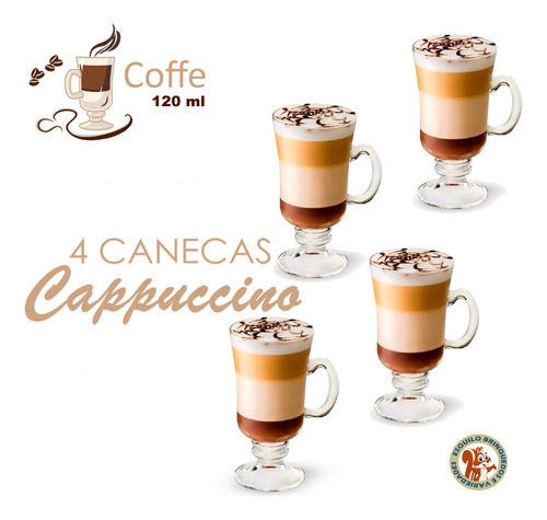 4 Canecas Taça Copo Café Cappuccino Chocolate Vidro  Wheaton