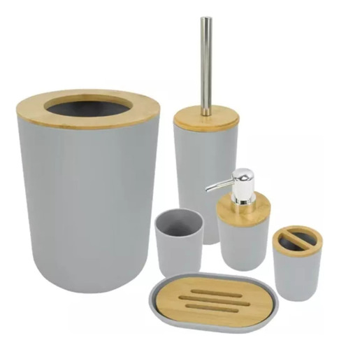 Set Juego Baño 6 Piezas Plastico Bambu Jabonera Organizador Gris