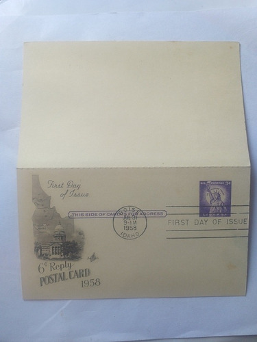 Usa Entero Postal 3cent Primer Día Boise Idaho 6c Reply 1958