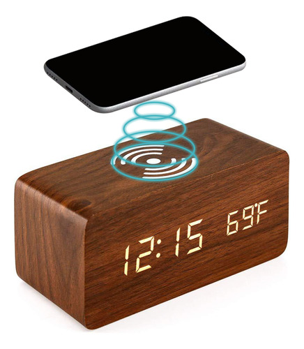 Reloj Despertador Digital De Madera Con Carga Inalámbrica