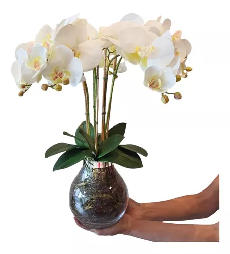 Arranjo Orquídeas Realísticas No Vaso Vidro C Detalhe Prata