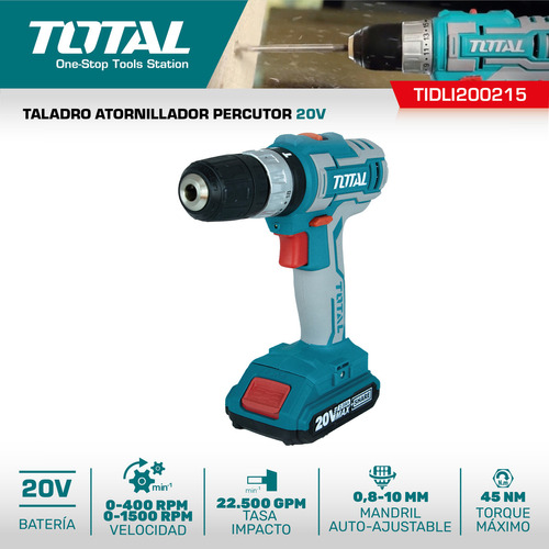 Taladro percutor inalambrico 20v total + Batería Cargador Color Turquesa Frecuencia 50 Hz/60 Hz