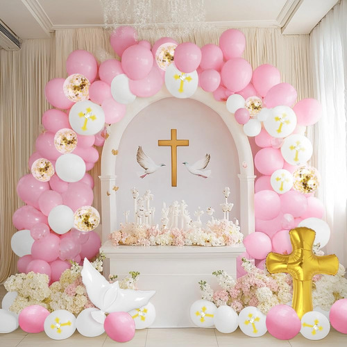 Kit 132 Piezas Decoración Primera Comunión Rosa Con Globos