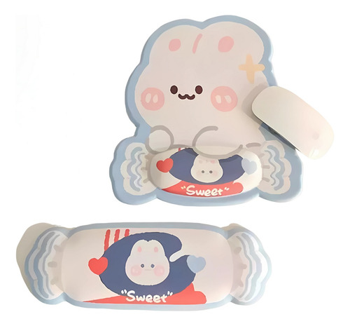 Set Mouse Pad+reposa Muñecas Kawaii Celeste Conejo
