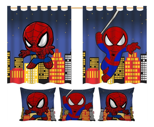 Kit Cortina Infantil 3 Capas De Almofadas Super Heroi Aranha