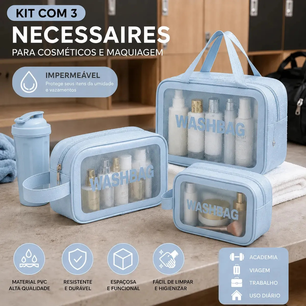 Kit 3 Necessaire Estojo De Toalete Organizador De Malas Kit Maternidade Cosméticos Shampoo Impermeável Ideal Para Áreas Molhadas Viagens Trabalho Academia Material PVC Qualidade Tche Amo Cor Azul