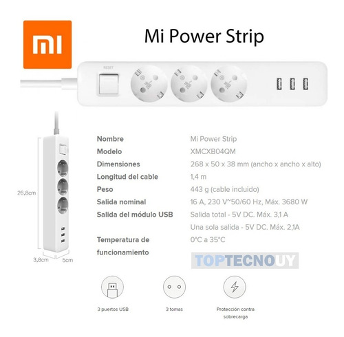 Imagen 2 de 4 de Zapatilla Alargue 3 Schuko +3 Usb 1.4mts Xiaomi Mi Power ®