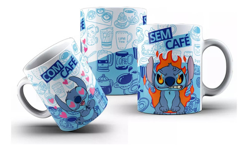 Caneca Stitch Com Café Sem Café Porcelana Personalizada Cor Azul Stich