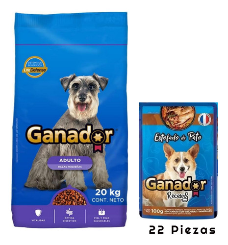 Ganador Raza Pequeña 20 Kg + Sobre Estofado Pato 100 G 22 Pz