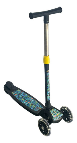 Patinete 3 Rodas Dobráveis E Ajustável Preto Com Desenho Ok