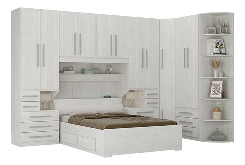 Quarto De Casal De Canto E Com Cama Baú 1344 Carvalho Claro