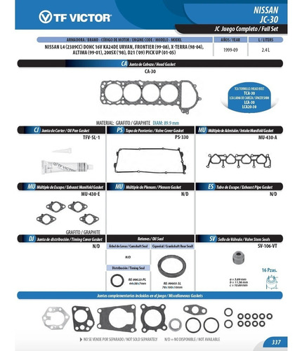 Jgo Juntas Completo Tf Victor Nissan Altima Xe 2.4 1999-2001