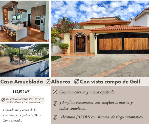 Casa En Renta En El Cid Mazatlan, Amueblada, Con Vista Al Campo De Golf, Alberca Privada, Cocina Nueva 