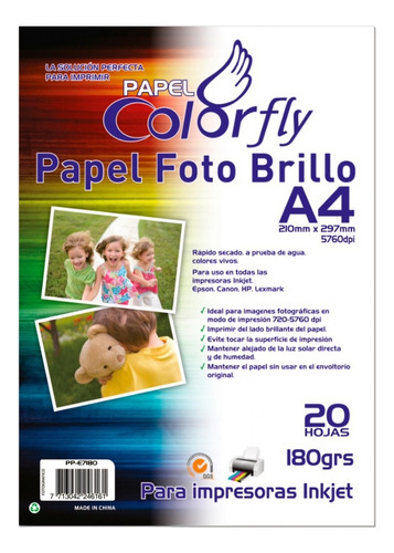 Papel Foto Brillo A4 180grs 20hojas- Marca Azon