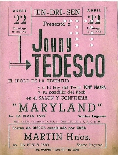 Antiguo Folleto Johny Tedesco  Maryland Santos Lugares