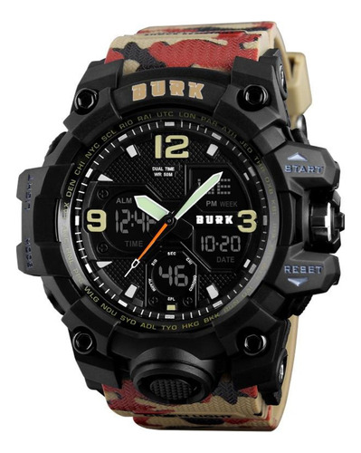 Reloj Camuflaje Militar Burk 1155 Cronometro Luz Alarma! 