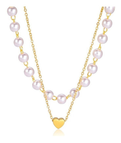Collar Perlas Para Mujer Con Dije Corazón Color Oro De Acero