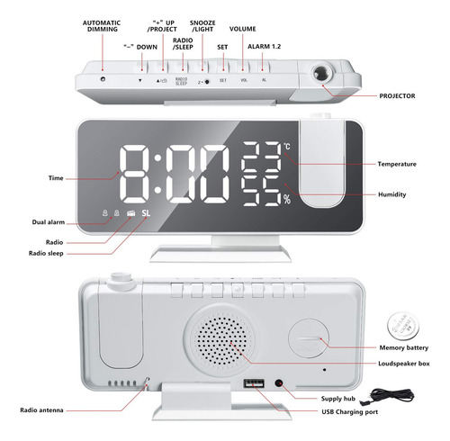 Fl Despertador De Projeção Digital Com Rádio Fm,