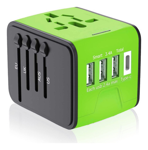 Adaptador Enchufe Universal De Viaje Us/uk/eu/au Usb-c Verde