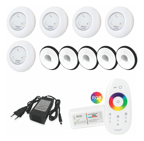 Kit Iluminação Piscina Fibra - 5 Leds 9w + Touch + Fonte