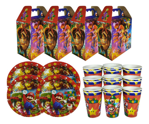 Caja Dulcera + Platos + Vasos Kit Fiesta 20 Niños Mario Mario Mario