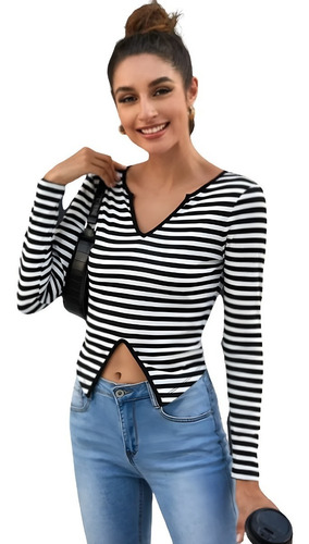 Blusa De Dama Sexy Ajustada De Bajo Asimétrico Con Cuello V