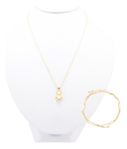 Set Dije De Osito Y Pulsera Chapa Oro 18k Con Perlas