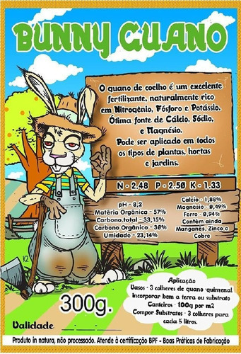 Fert Orgânico Bunny Guano Coelho 300g Esterco Adubo Planta