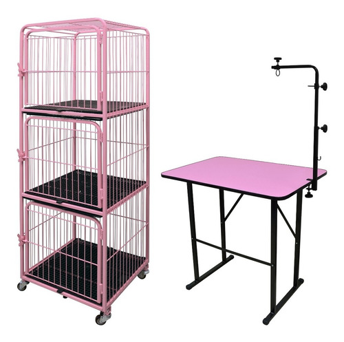 Kit Canil Gatil Gaiola 3 Lugares E Mesa Tosa Rosa Pet Shop