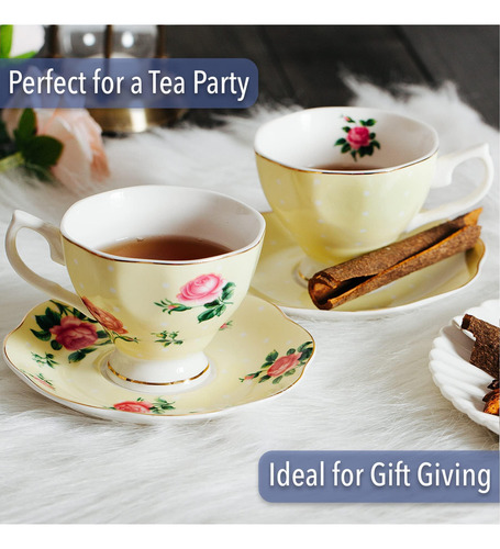 Btat- Tazas De Té Floral Y Platillos, Juego De 8 (8 Oz), Mul