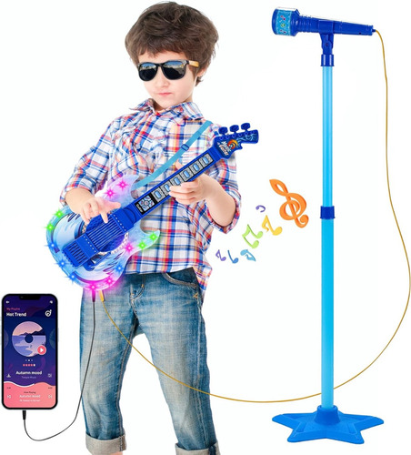 Set Microfono Pedestal Y Guitarra Musical Luces Niños Pilas