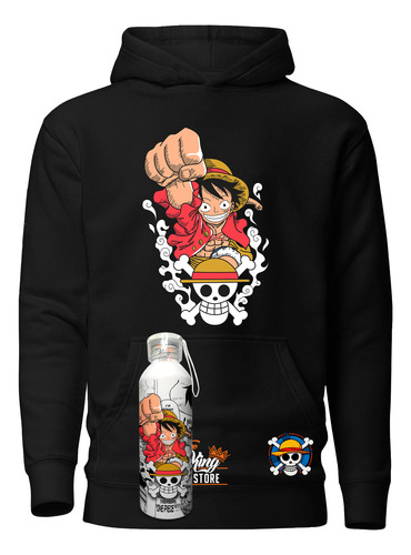 Poleron Canguro + Botella, Luffy, One Piece, Skull, Anime, Xxxl