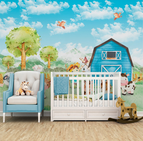Papel De Parede Fazenda Infantil Animais Cavalos 5m² Vr695