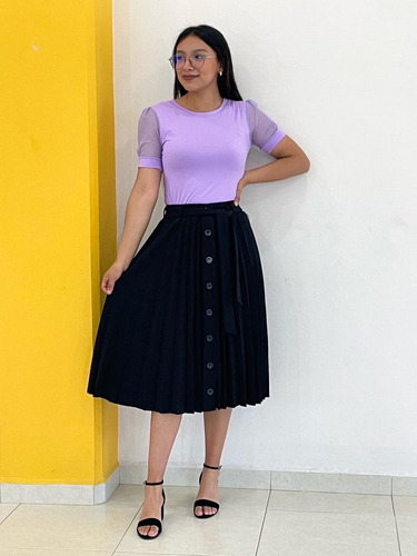 Falda Tableada Con Diseño De Botones Y Moño