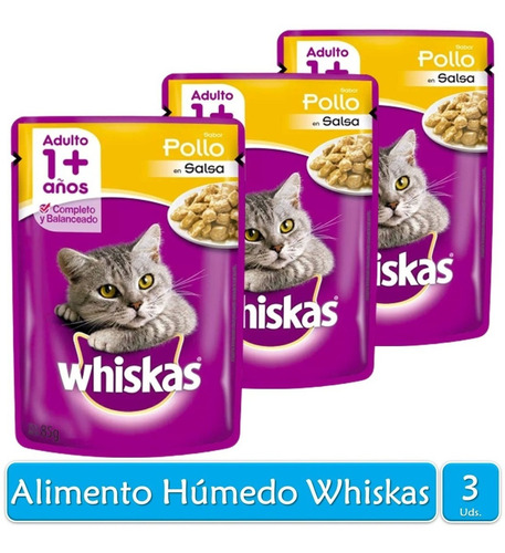 Imagen 1 de 2 de Whiskas Alimento Húmedo Para Gato Adulto Pollo 85g X3 Sobres
